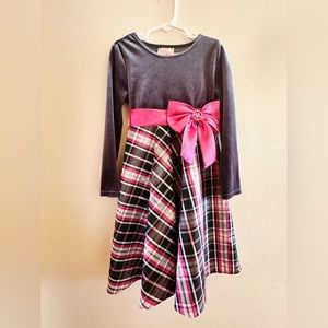 Pink and grey velvet plaid girl bow dress size 6x